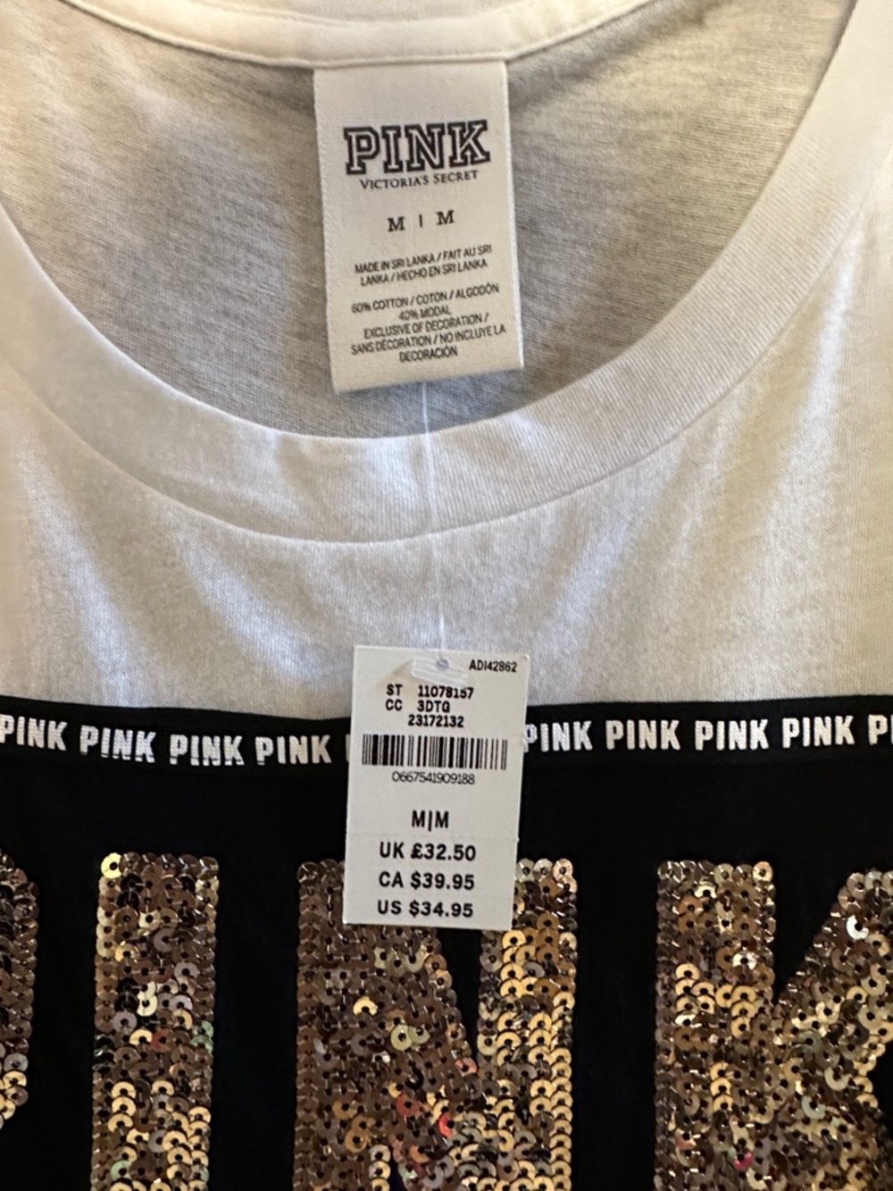 PINK Victoria's Secret White & Black Sequin Logo Tee - Picture 2 of 5